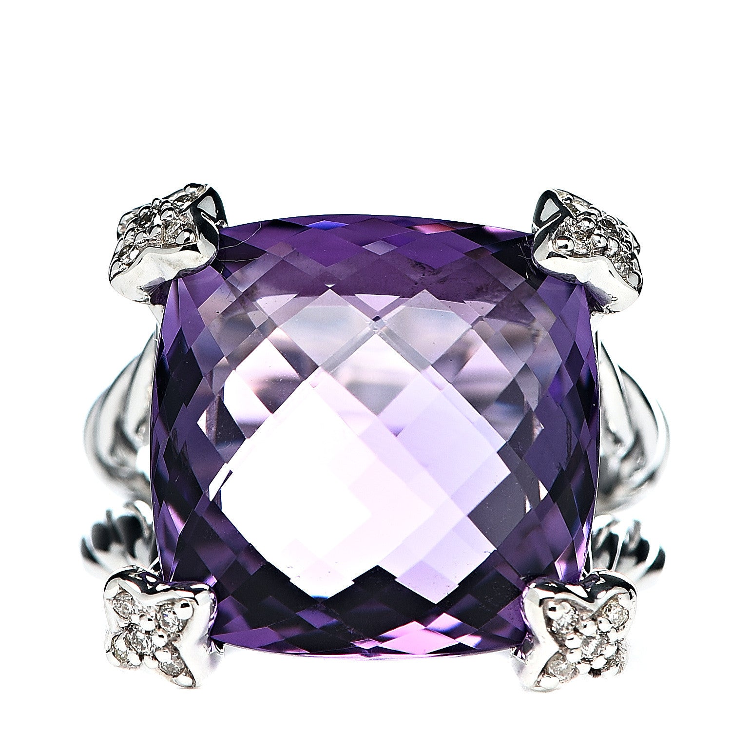 David Yurman Sterling Silver Diamond Amethyst 15mm Cushion On Point Ring 52 6 1 of 5