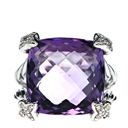 David Yurman Sterling Silver Diamond Amethyst 15mm Cushion On Point Ring 52 6 1 of 5