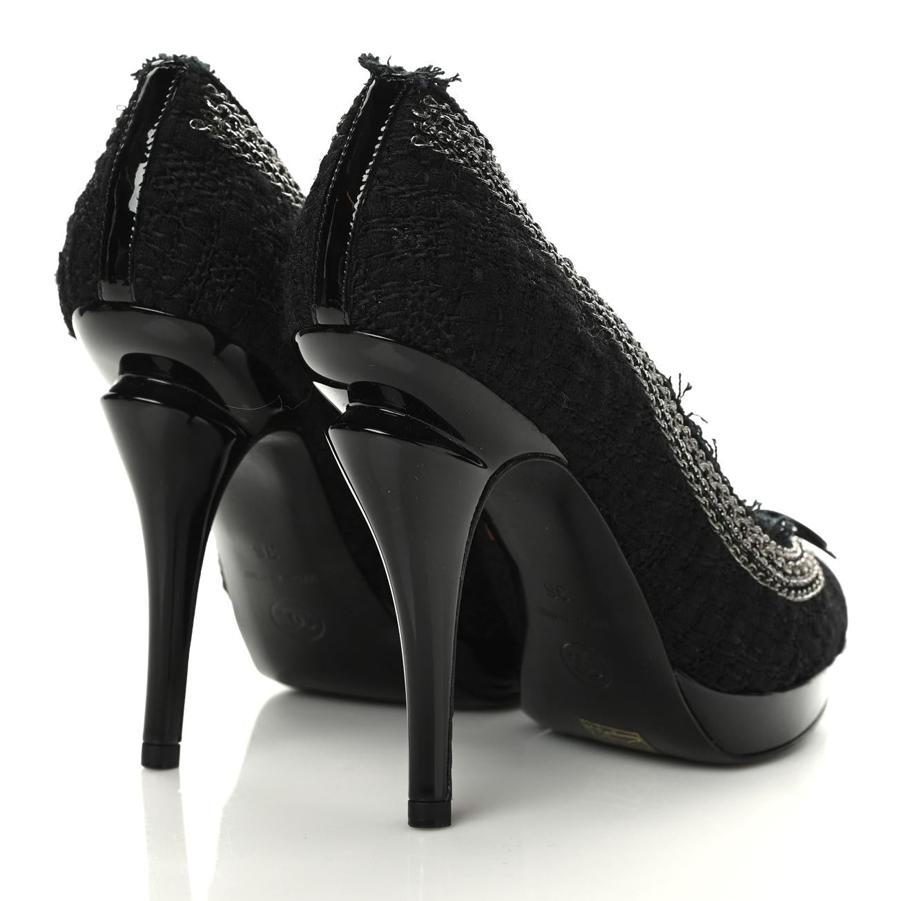 Chanel Tweed Patent Cap Toe CC Chain Pumps 36 Black 5 of 9