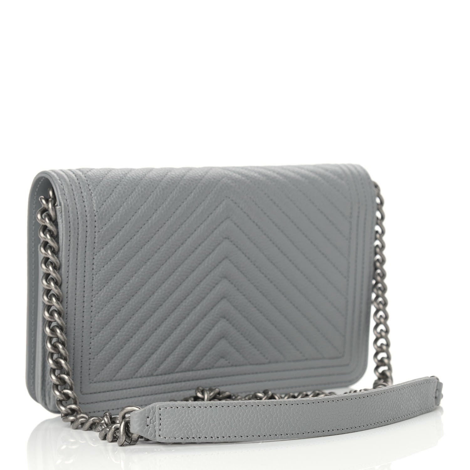 Chanel Caviar Chevron Quilted Boy Wallet On Chain WOC Grey 2 of 10