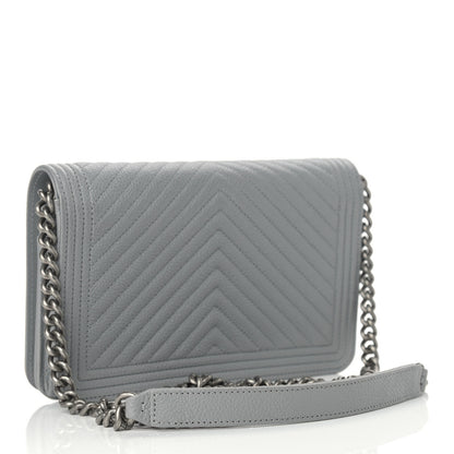 Chanel Caviar Chevron Quilted Boy Wallet On Chain WOC Grey 2 of 10