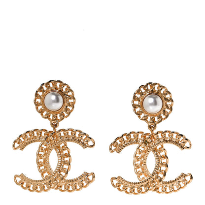 Chanel Metal Pearl CC Chain Drop Earrings Gold 1 of 6