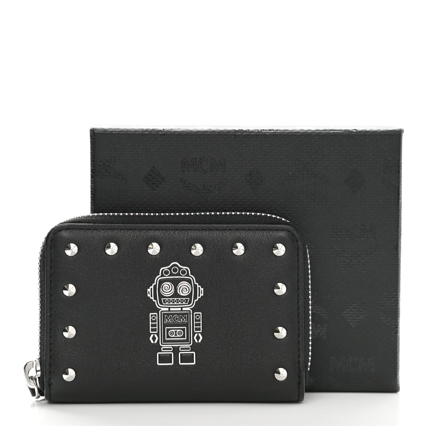 Calfskin Studded Robot Zip Around Wallet Black