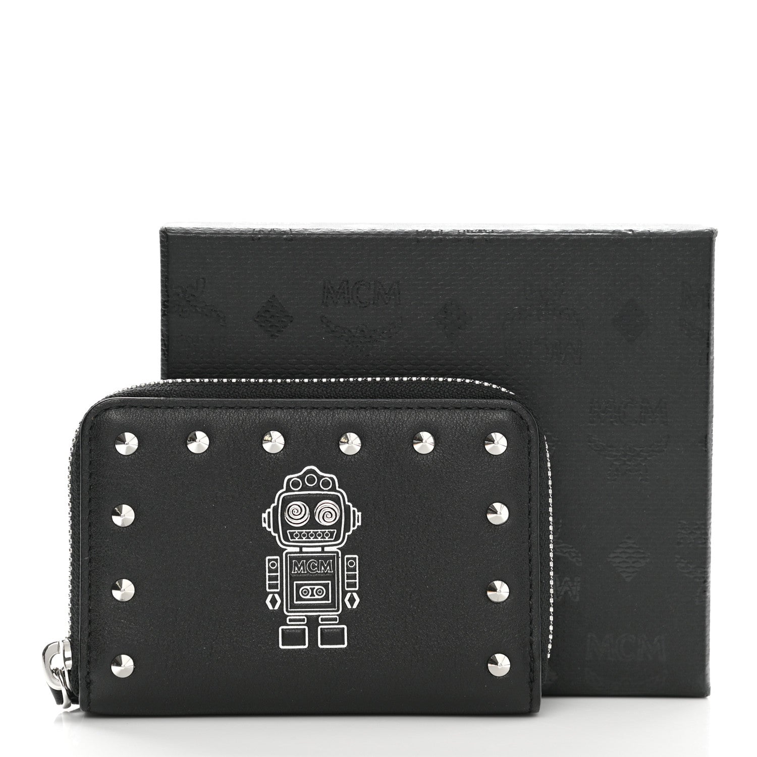 MCM Calfskin Studded Robot Zip Around Wallet Black 7 of 7