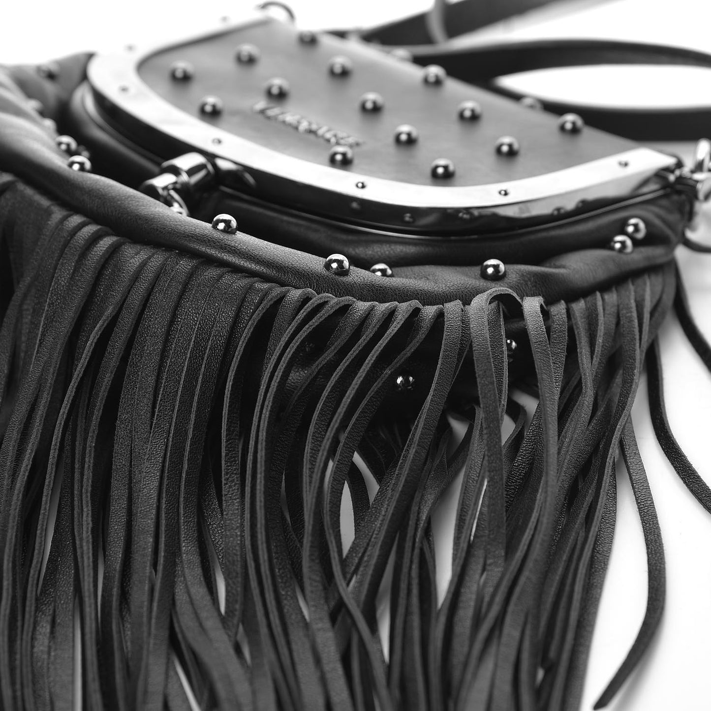 Nappa Studded Fringe Crossbody Bag Black