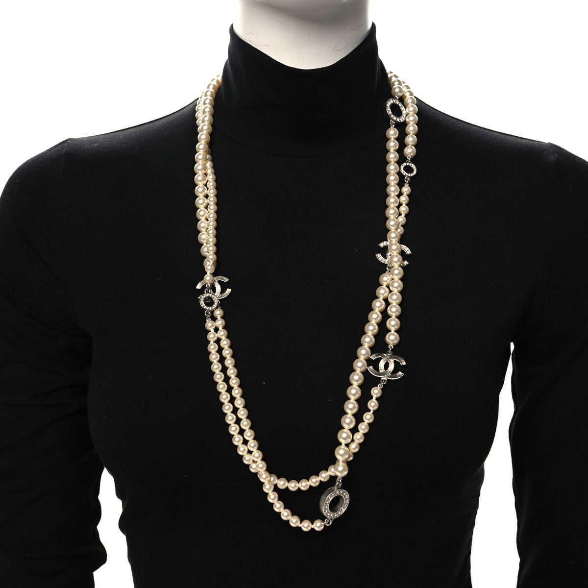 Chanel Graduated Pearl Crystal CC Long Necklace Silver 2 of 5
