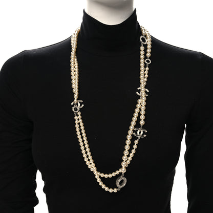 Chanel Graduated Pearl Crystal CC Long Necklace Silver 2 of 5