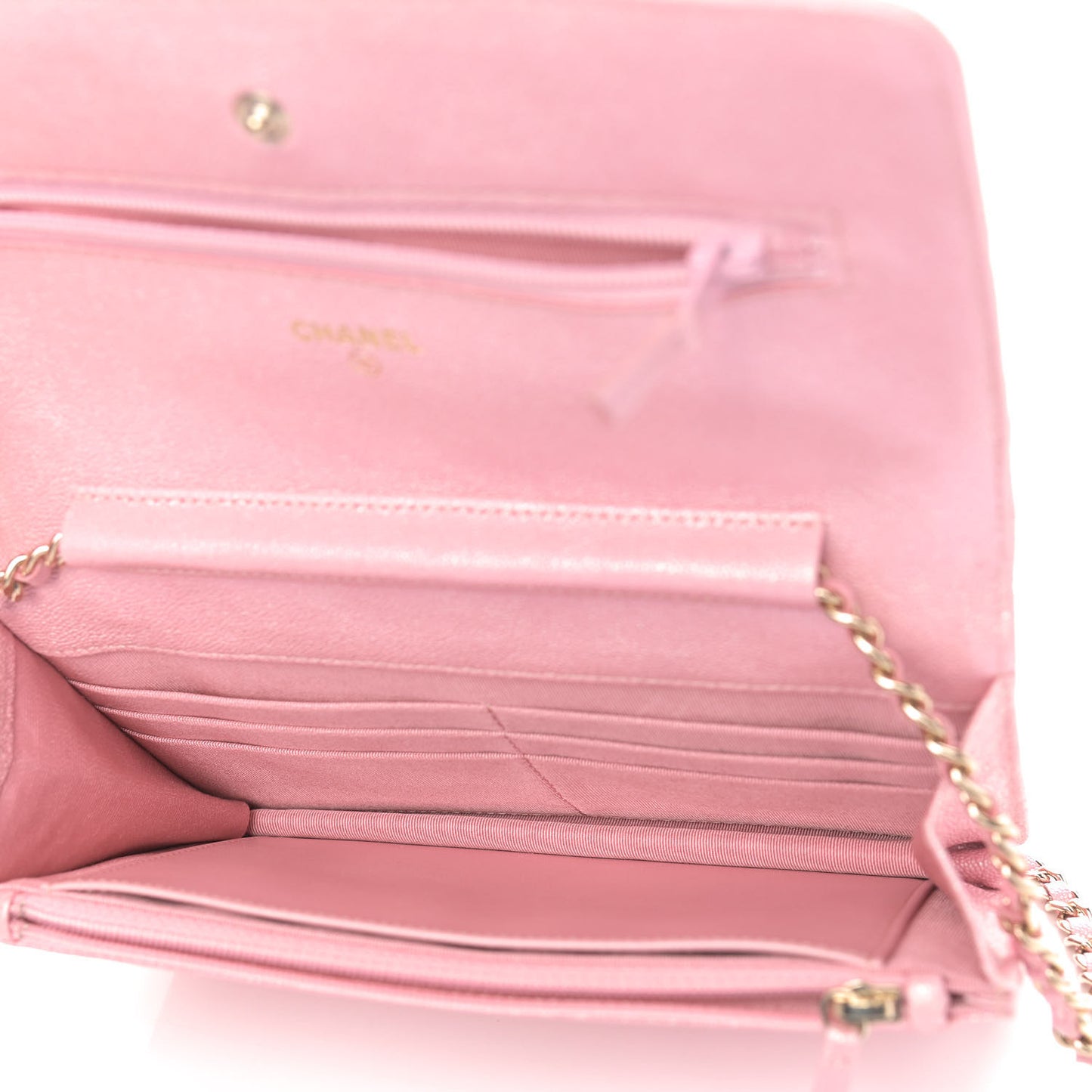 Iridescent Caviar Quilted Wallet on Chain WOC Rose Pink