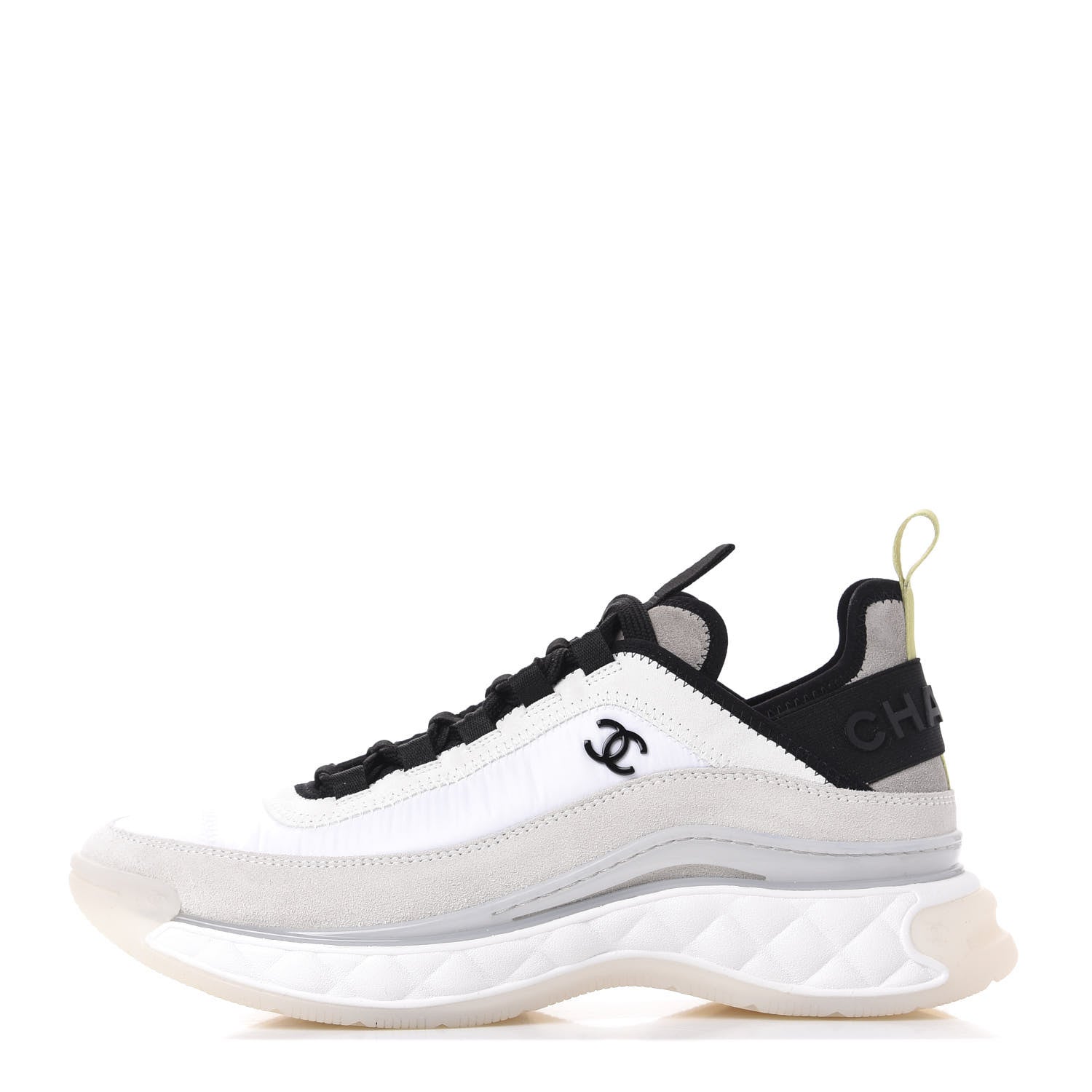 Chanel Nylon Calfskin Suede CC Sneakers 38.5 White Grey Yellow 1 of 10