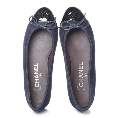 Chanel Suede Patent Cap Toe CC Ballerina Flats 35 Marine Black 6 of 11