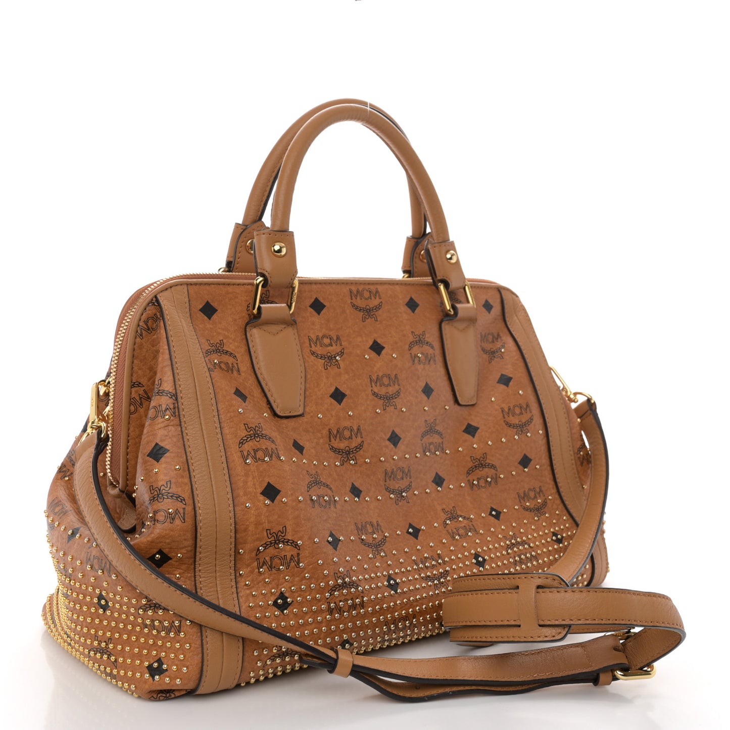 Visetos Studded Boston Satchel Cognac