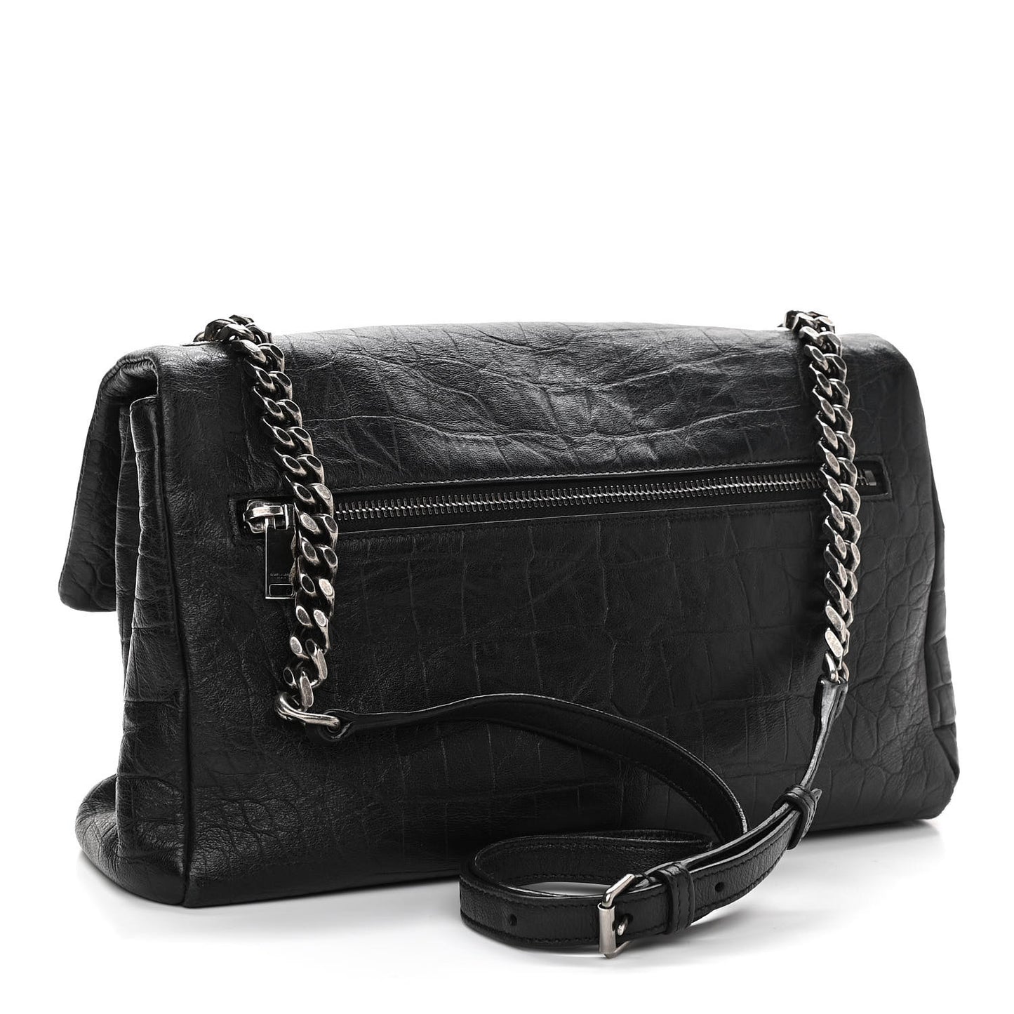 Calfskin Crocodile Embossed Medium West Hollywood Monogram Fold-Over Black