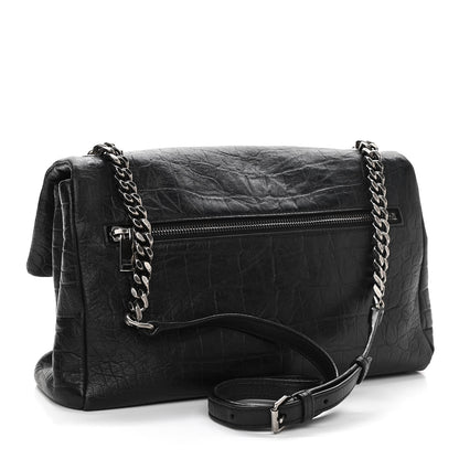 Saint Laurent Calfskin Crocodile Embossed Medium West Hollywood Monogram Fold-Over Black 3 of 13