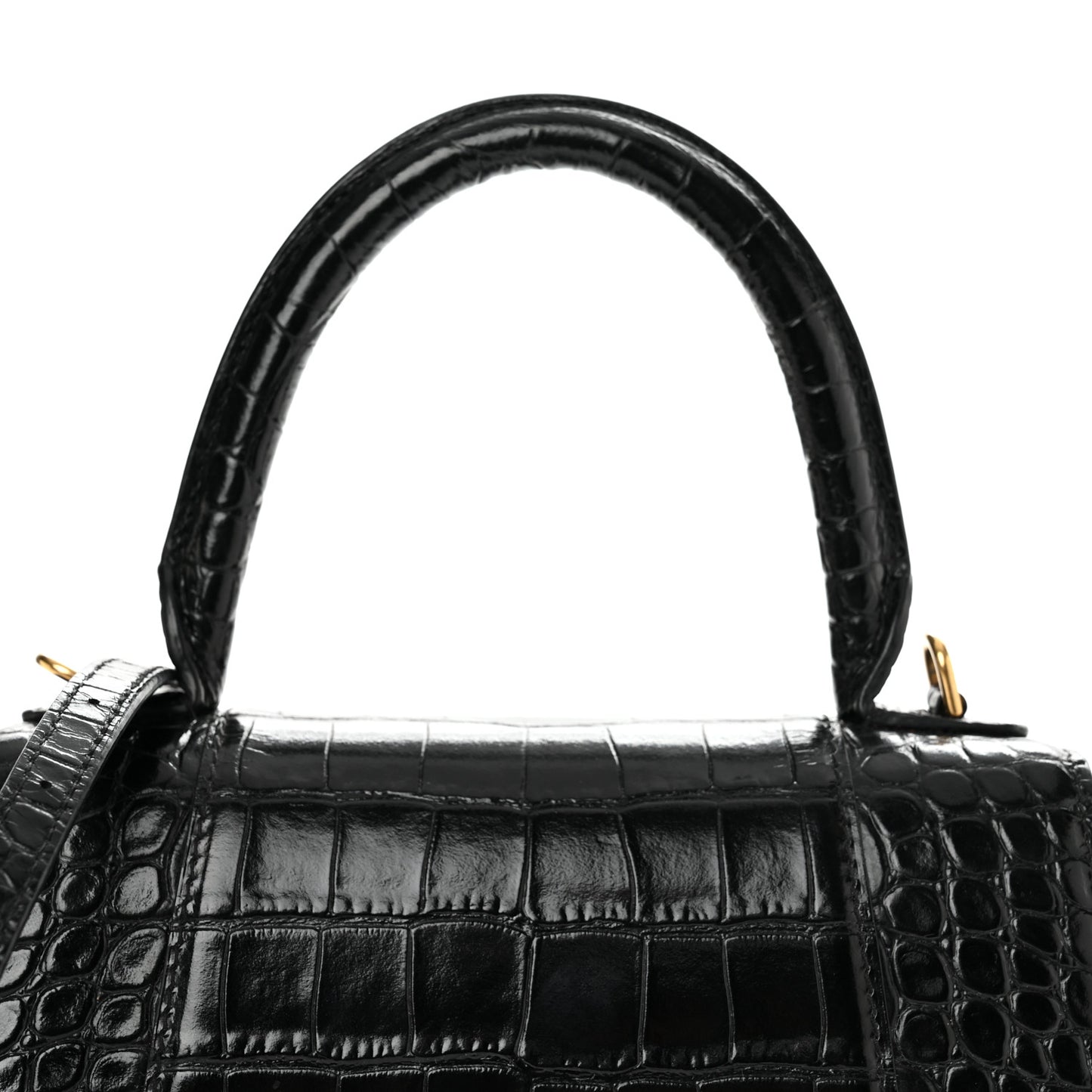 Shiny Calfskin Crocodile Embossed Small Hourglass Top Handle Bag Black