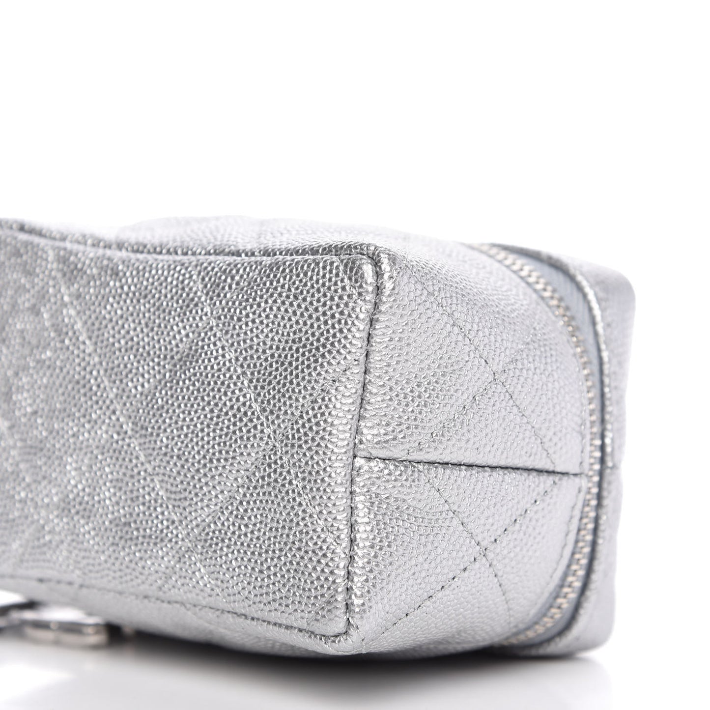 Metallic Caviar Quilted Mini Top Handle Vanity With Chain Silver