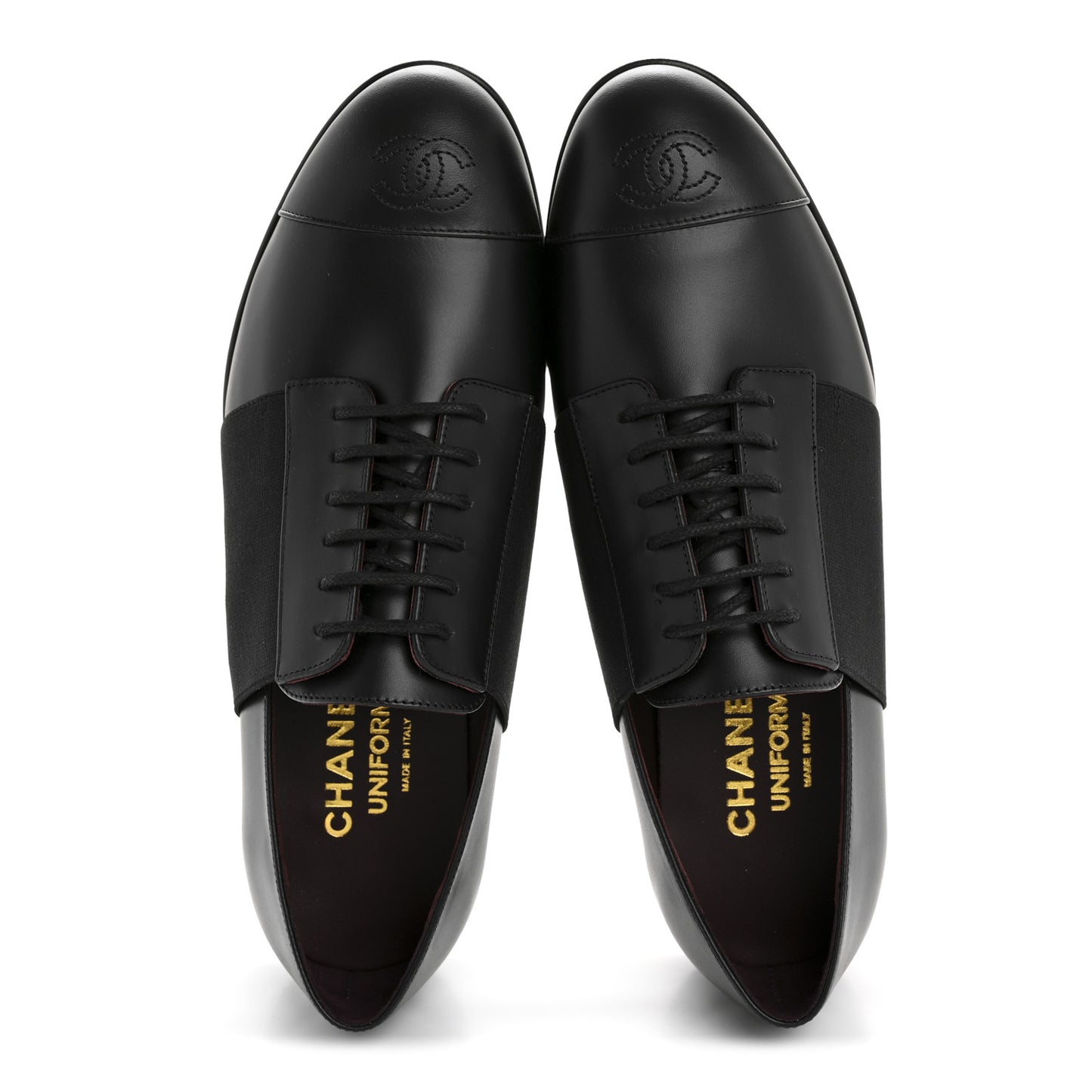 Calfskin Elastic Lace Up Cap Toe CC Loafers 37.5 Black