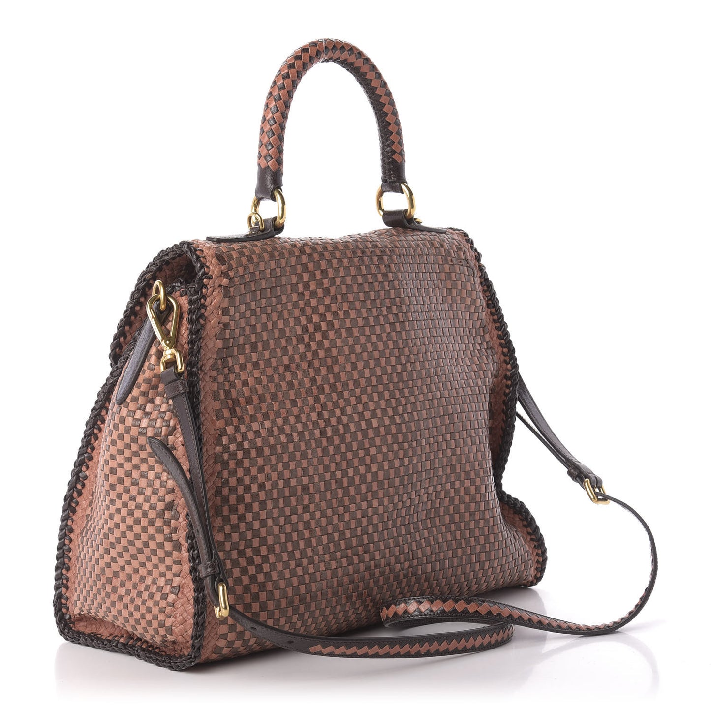 Goatskin Woven Top Handle Satchel Petalo Caffe