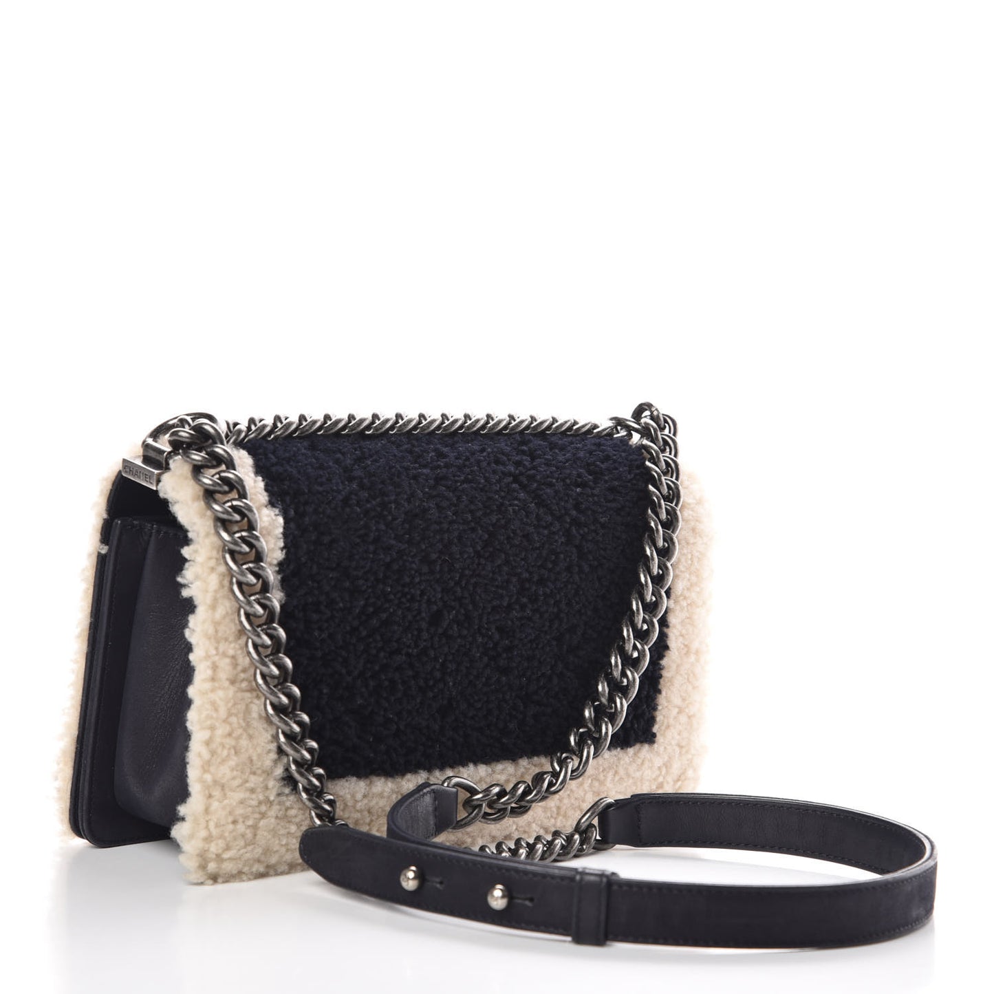 Shearling Iridescent Calfskin Medium Boy Flap Navy