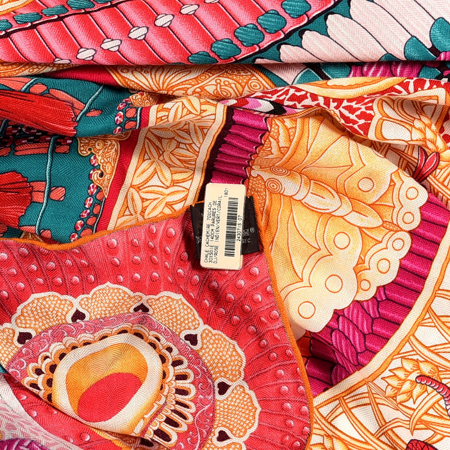 Hermes Cashmere Silk Parures De Samourais Shawl 140 Rose Indien Vert Corail 4 of 4