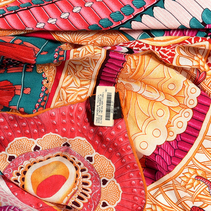 Hermes Cashmere Silk Parures De Samourais Shawl 140 Rose Indien Vert Corail 4 of 4