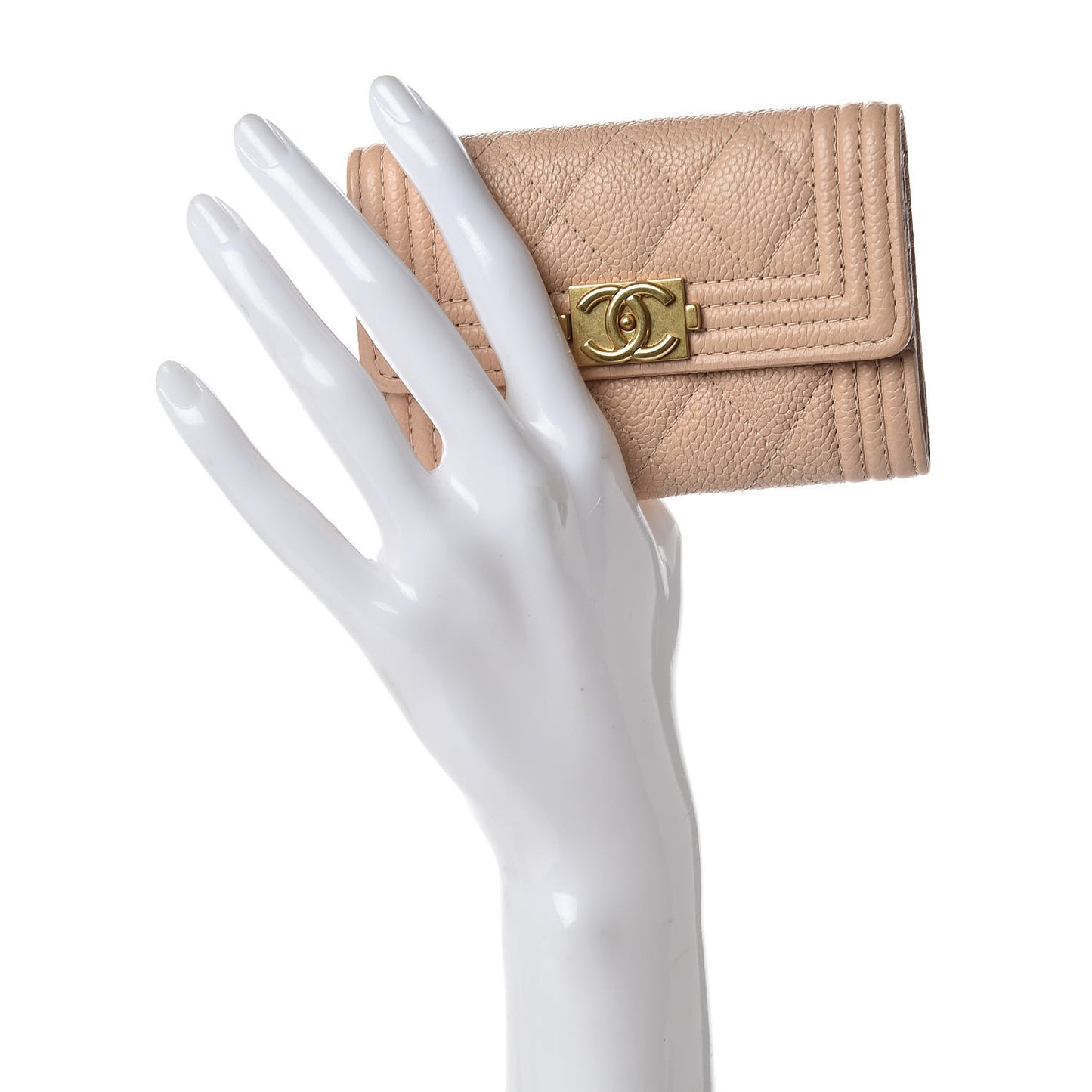 Caviar Quilted Boy Card Holder Wallet Light Beige