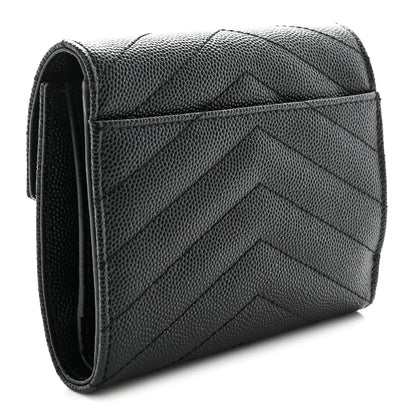Saint Laurent Grain De Poudre Matelasse Chevron Monogram Compact Tri Fold Wallet Black 3 of 7