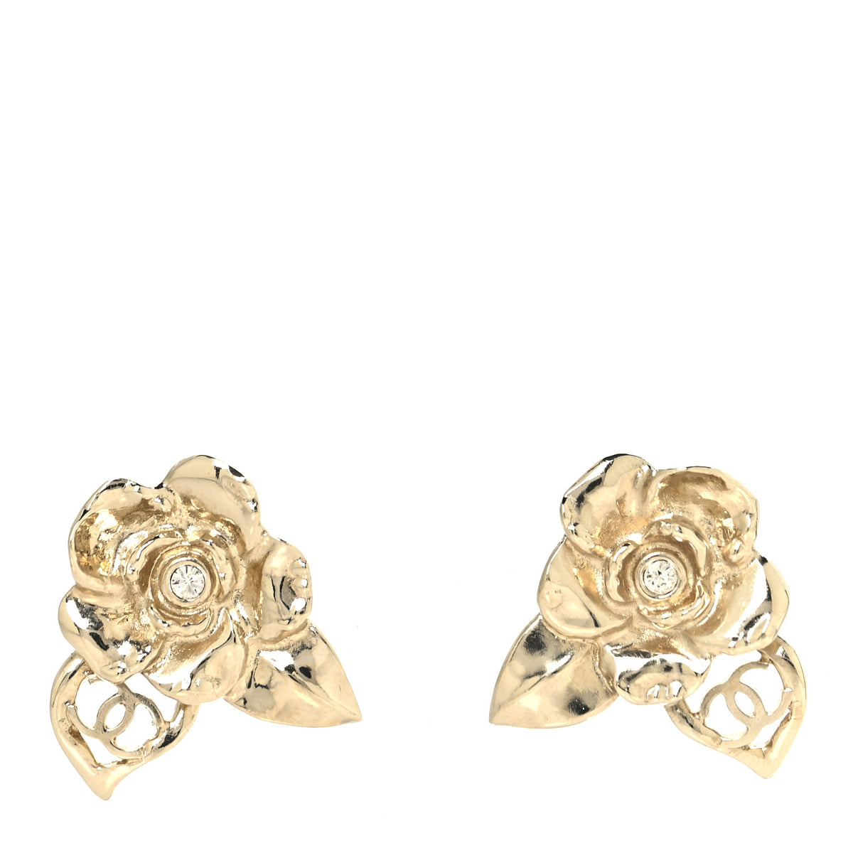 Chanel Crystal CC Camelia Earrings Gold 1 of 5