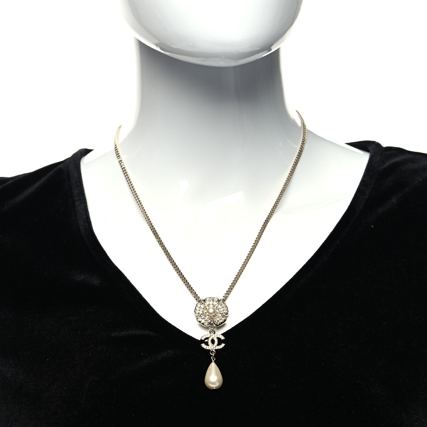Chanel Crystal Pearl CC Flower Drop Necklace Gold 2 of 5