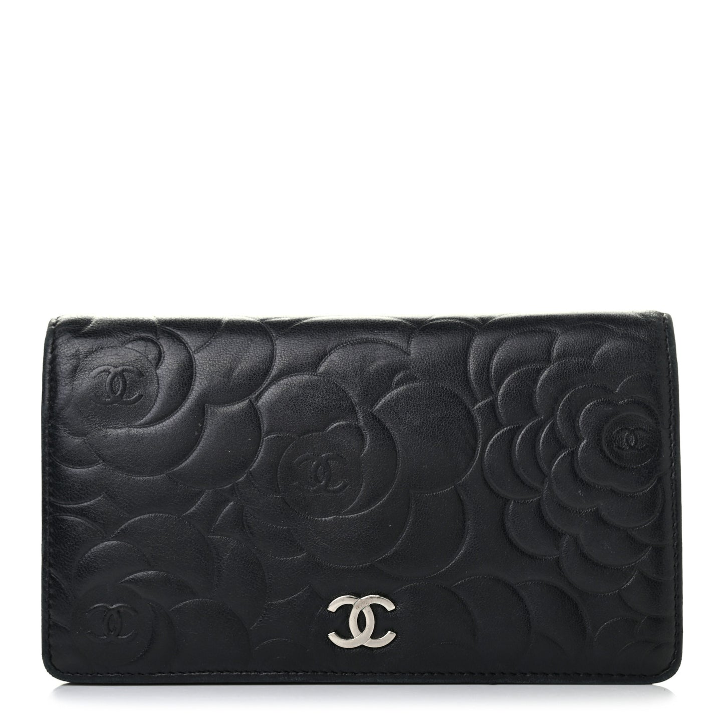 Lambskin Camellia Embossed Yen Wallet Black