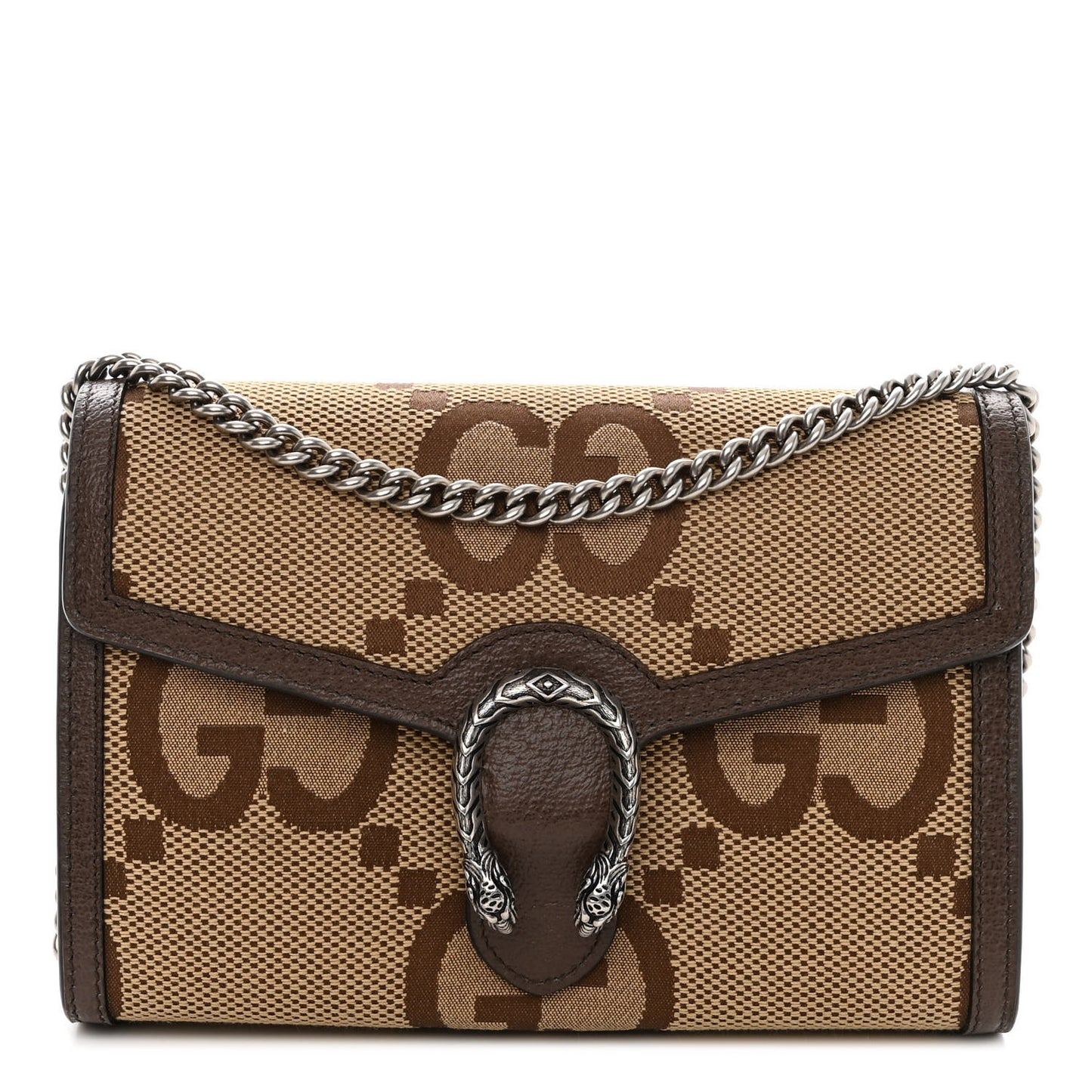 Monogram Jumbo GG Textured Dollar Calfskin Mini Dionysus Chain Wallet Camel Ebony New Acero