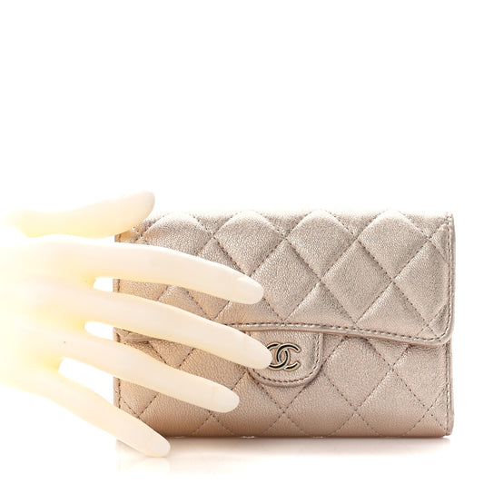 Metallic Lambskin Quilted Medium Flap Wallet Gold