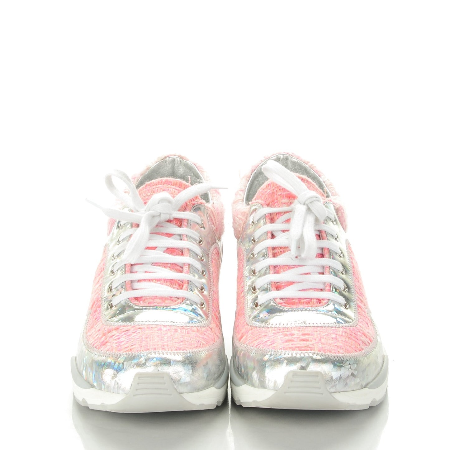 Tweed Suede Calfskin Sneakers 38.5 Silver Pink