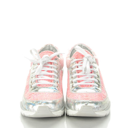 Chanel Tweed Suede Calfskin Sneakers 38.5 Silver Pink 2 of 8