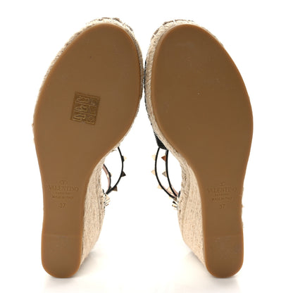 Valentino Garavani Grained Calfskin Rockstud Ankle Wrap Espadrille 15/85mm Wedges 37 Black Light Cuir 5 of 8