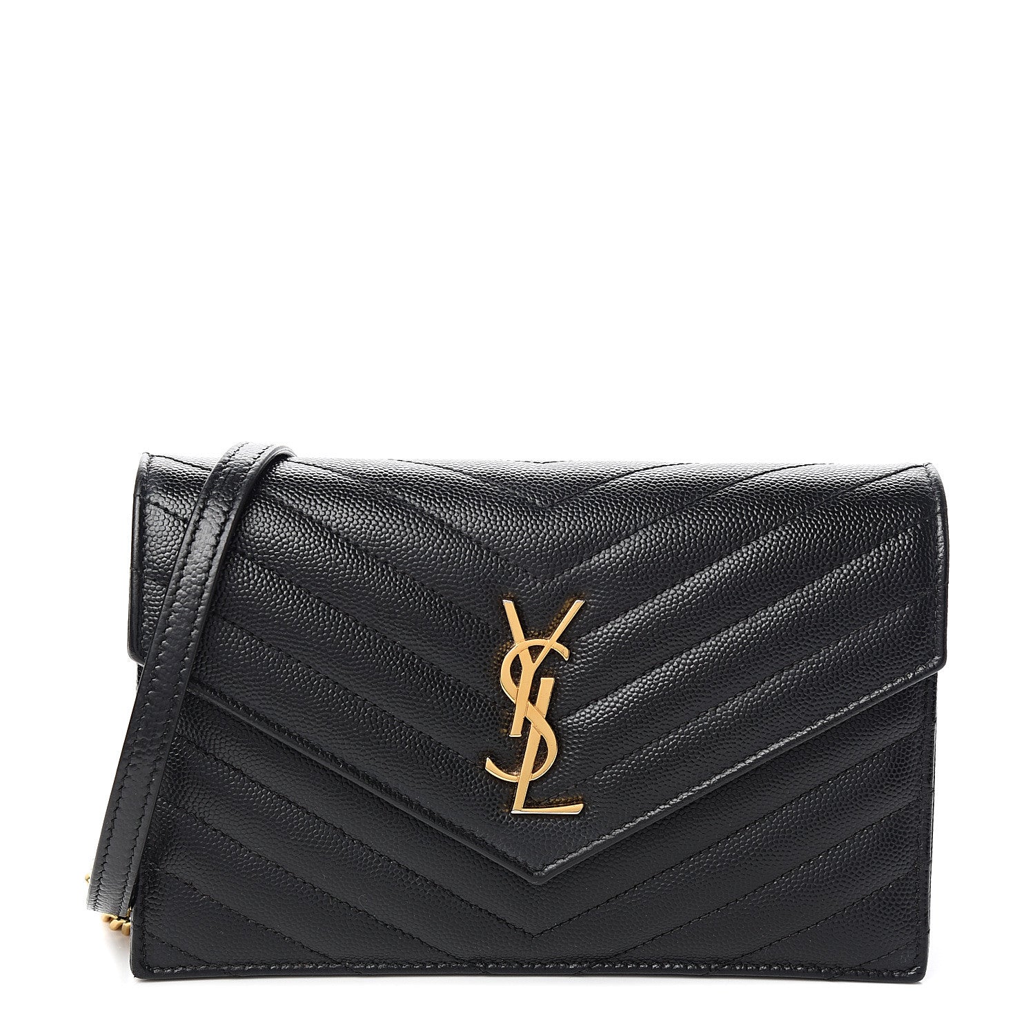 Saint Laurent Grain De Poudre Matelasse Chevron Monogram Envelope Chain Wallet Black 1 of 10