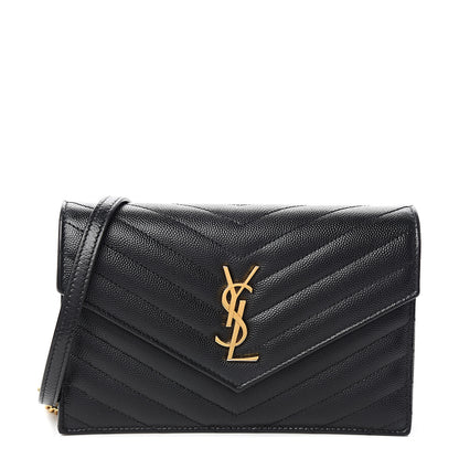 Saint Laurent Grain De Poudre Matelasse Chevron Monogram Envelope Chain Wallet Black 1 of 10