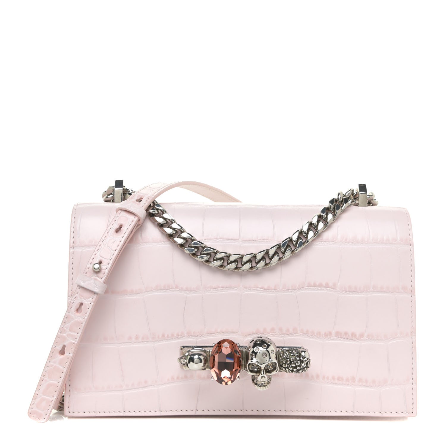 Alexander McQueen Shiny Crocodile Embossed Jeweled Satchel Pink 1 of 12