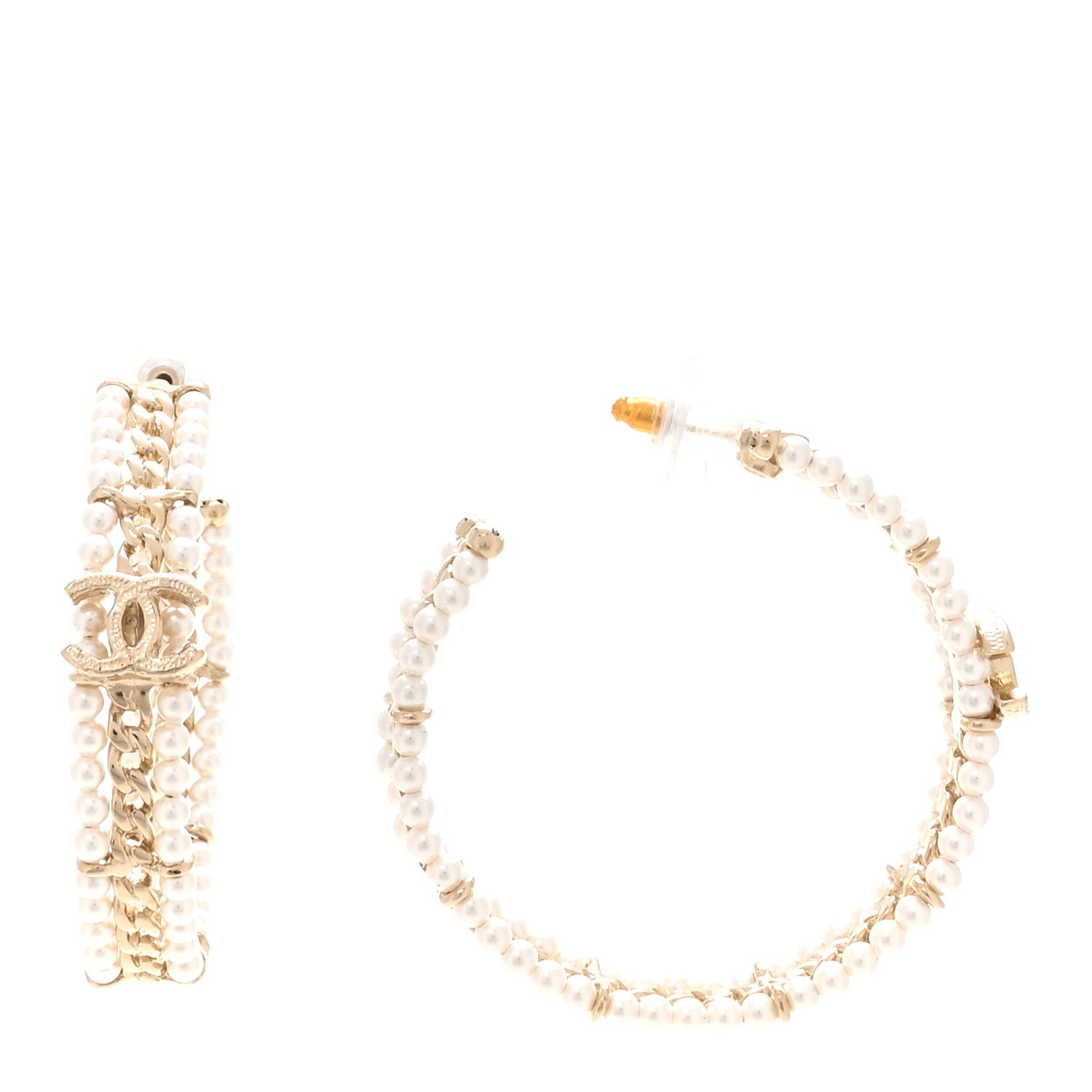 Chanel Pearl CC Chain Hoop Earrings Gold 1 of 5
