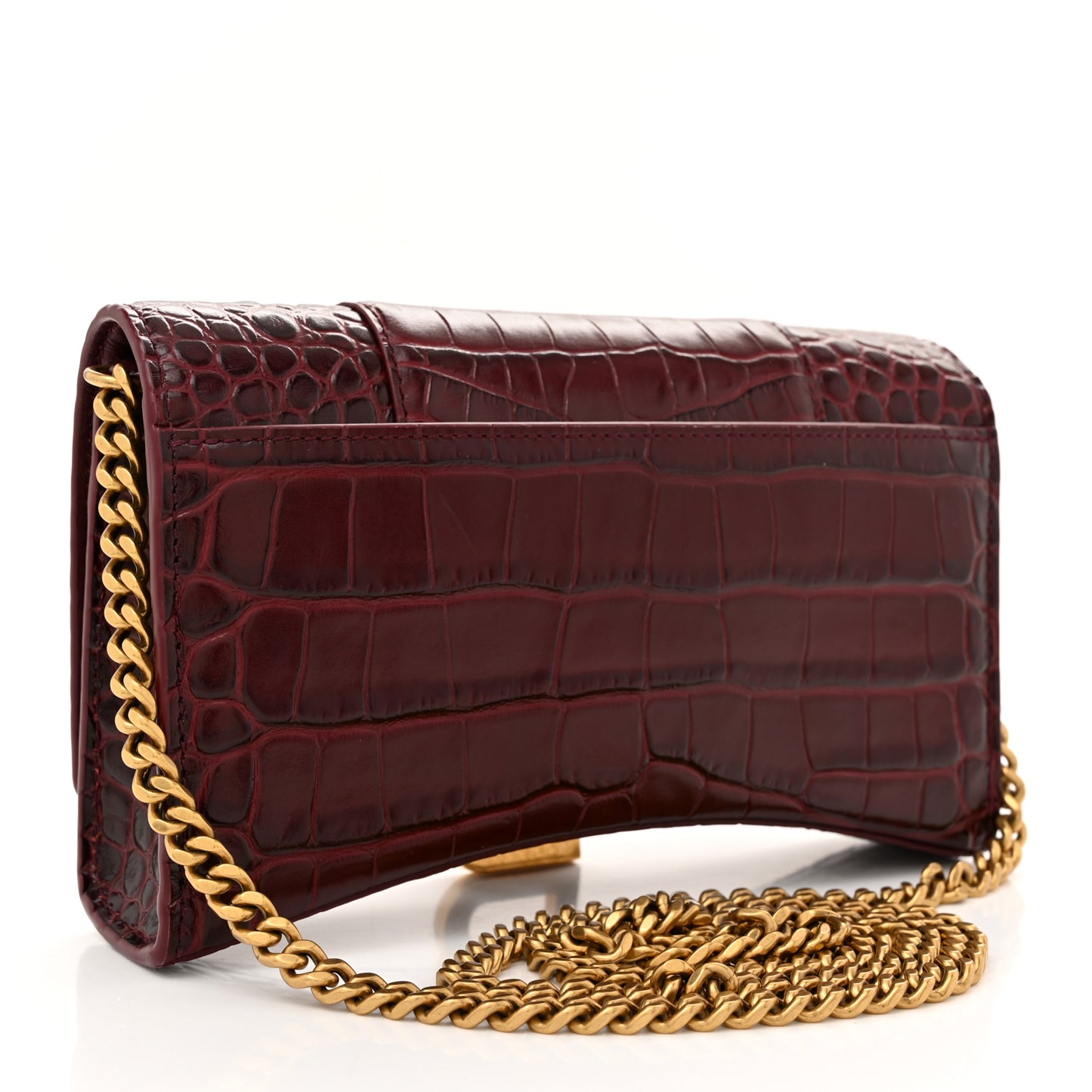 Shiny Calfskin Crocodile Embossed Hourglass Chain Bag Dark Red