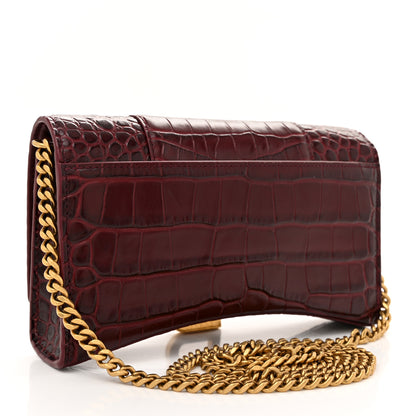 Balenciaga Shiny Calfskin Crocodile Embossed Hourglass Chain Bag Dark Red 3 of 11
