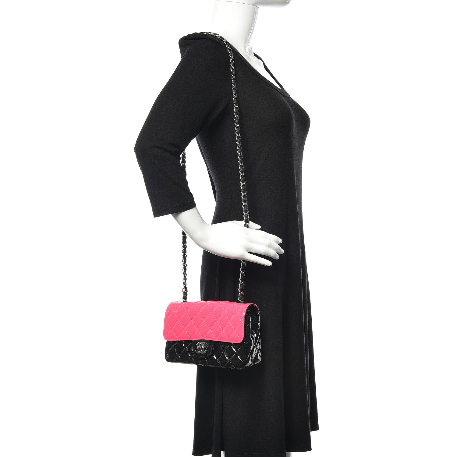 Chanel Patent Calfskin Quilted Bi-Color Mini Rectangular Flap Pink Black 2 of 11