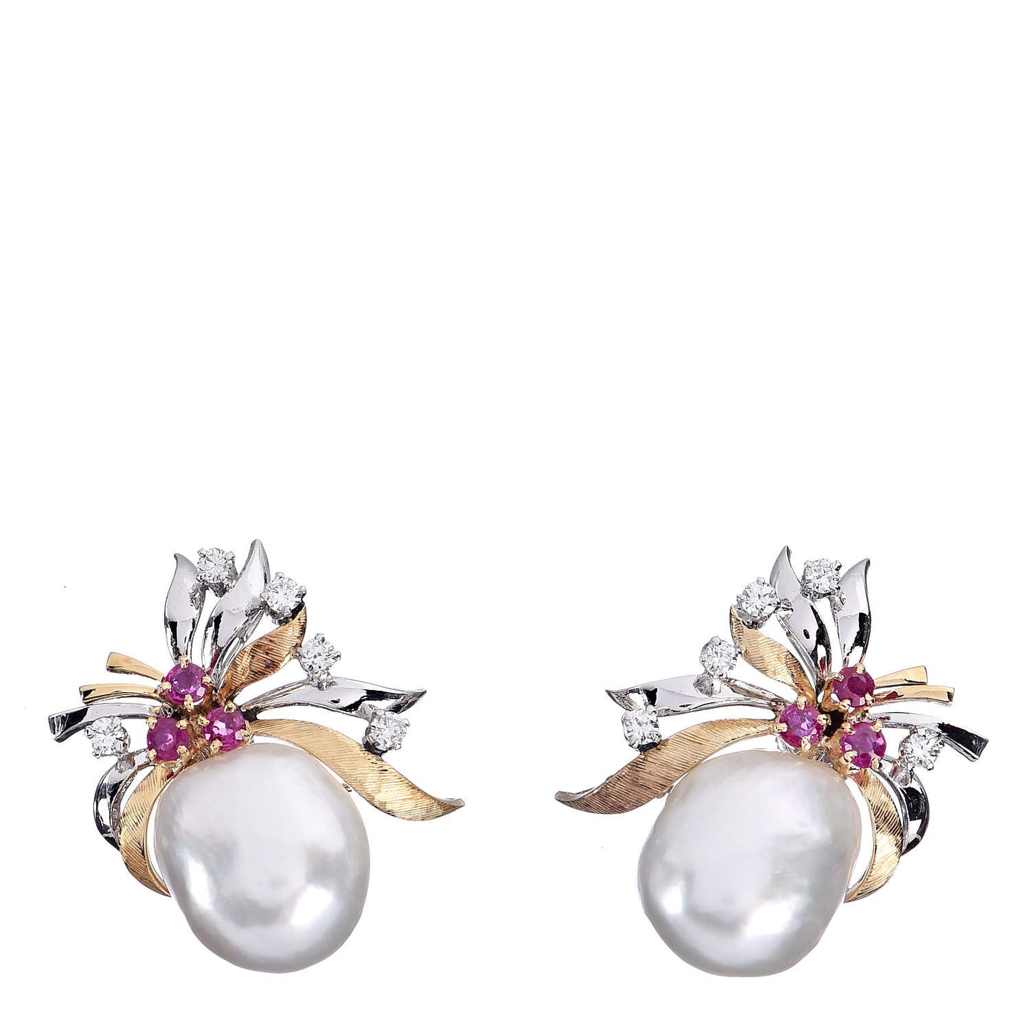 18K Yellow Gold 14K White Gold Diamond Ruby Baroque Pearl Screw Back Earrings
