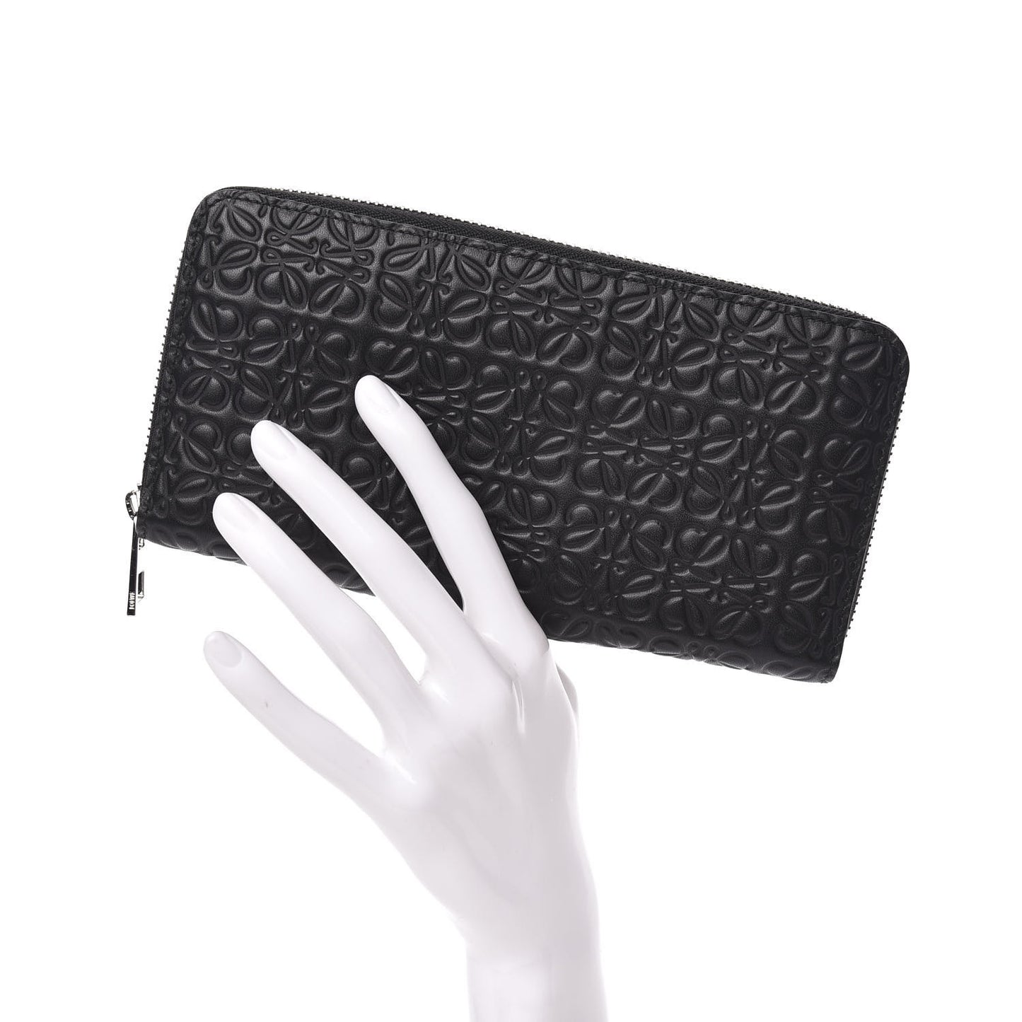 Calfskin Embossed Repeat Zip Wallet Black