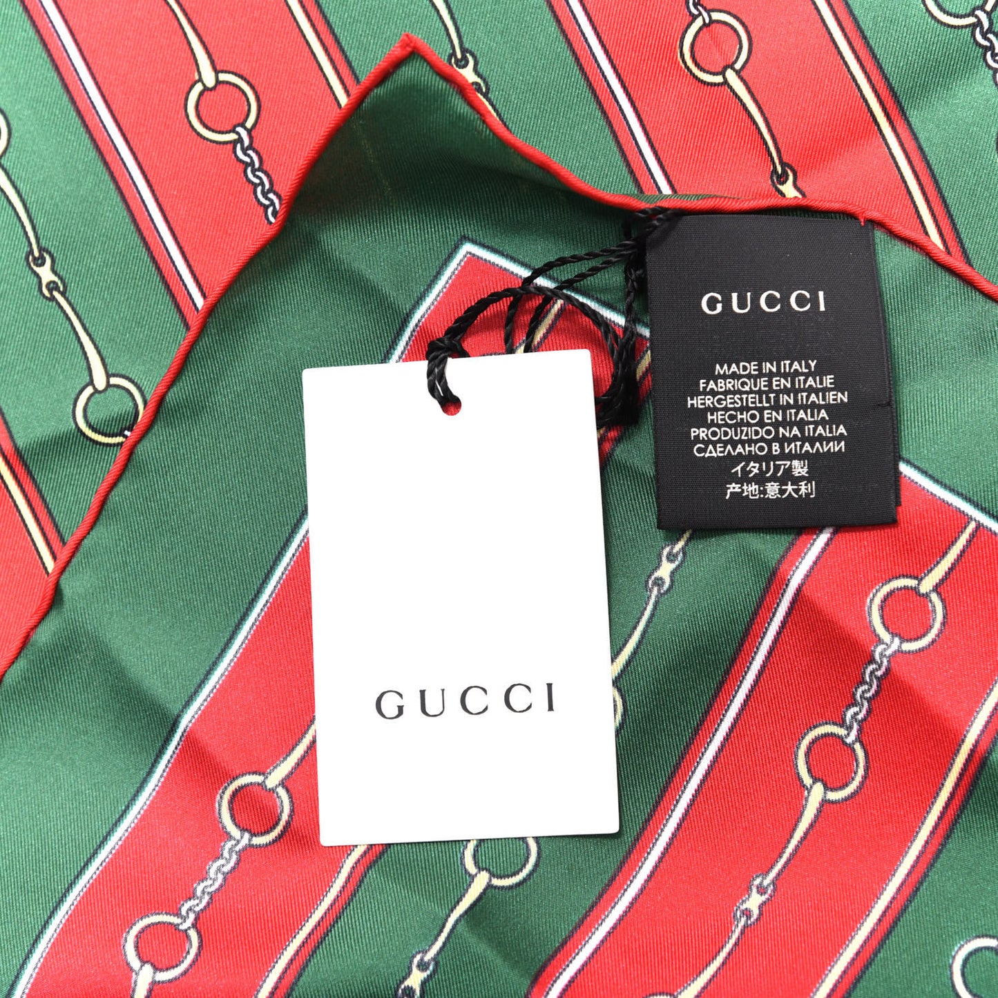 Silk Twill Horsebit Chain Print Pocket Square Handkerchief Green Red