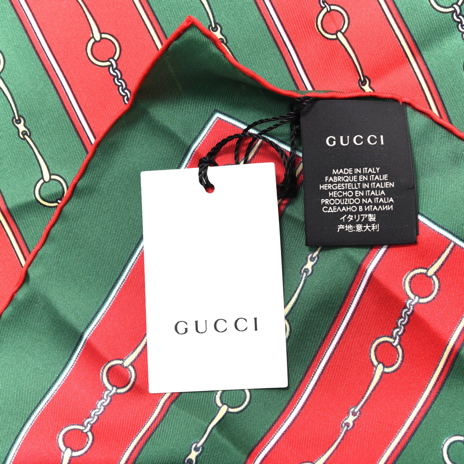 Gucci Silk Twill Horsebit Chain Print Pocket Square Handkerchief Green Red 3 of 4