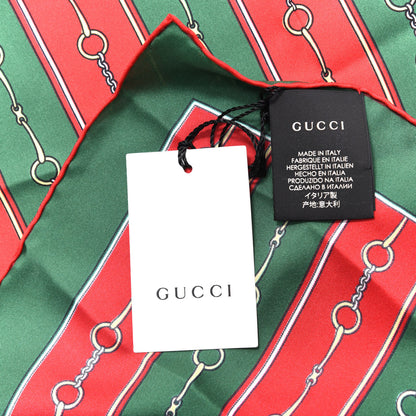 Gucci Silk Twill Horsebit Chain Print Pocket Square Handkerchief Green Red 3 of 4