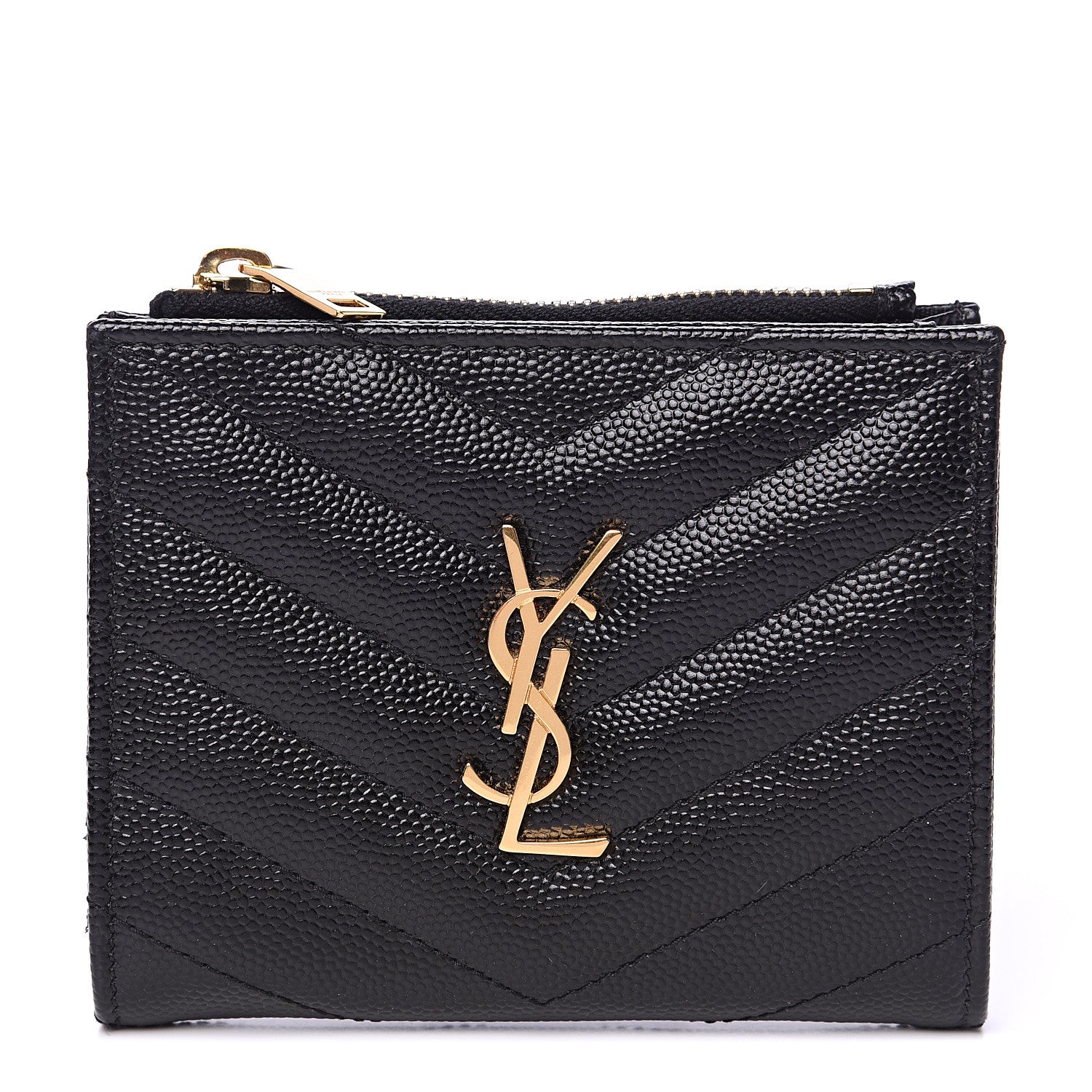 Saint Laurent Grain De Poudre Matelasse Chevron Monogram Zipped Card Case Black 1 of 7