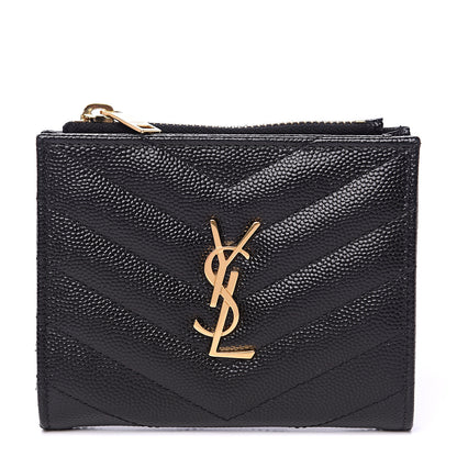 Saint Laurent Grain De Poudre Matelasse Chevron Monogram Zipped Card Case Black 1 of 7