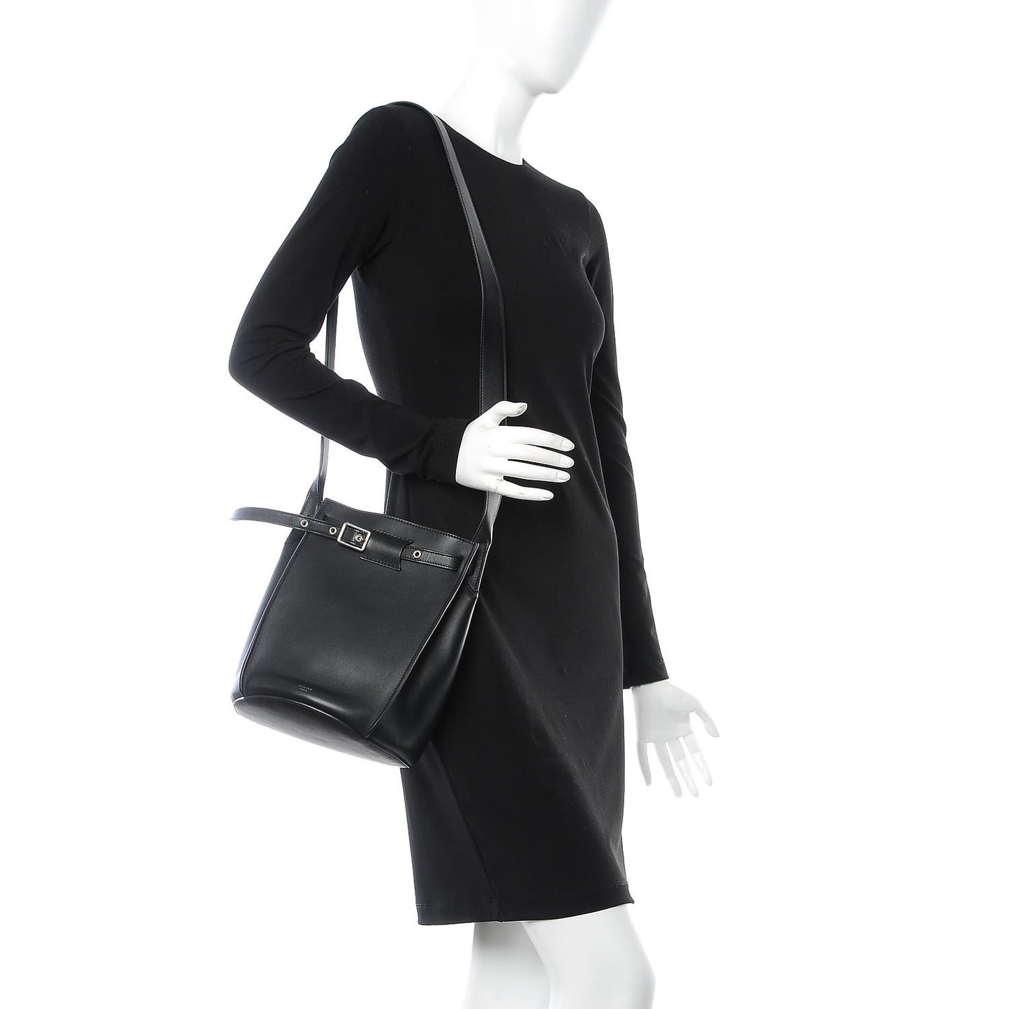 Smooth Calfskin Long Strap Big Bucket Bag Black