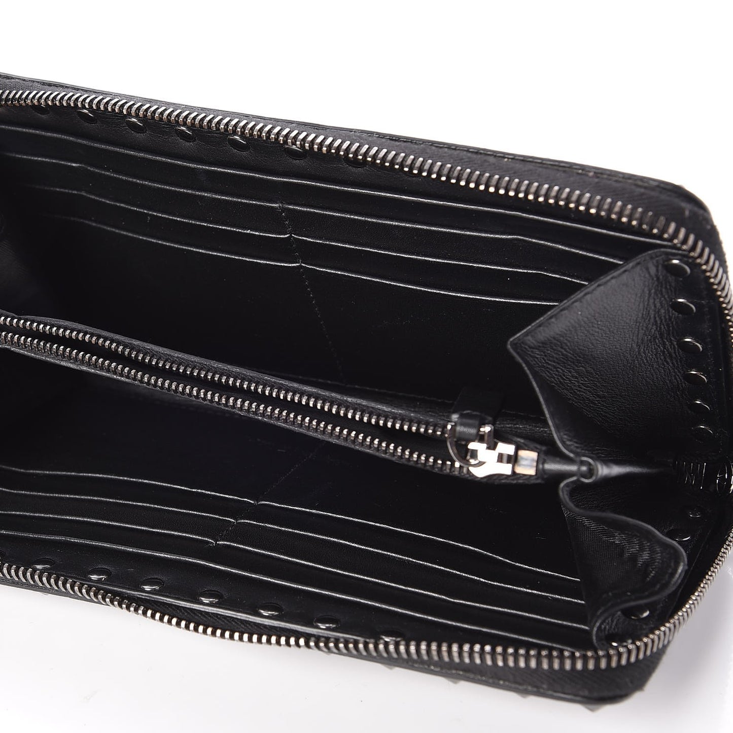 Calfskin Tonal Rockstud Zip Around Wallet Black